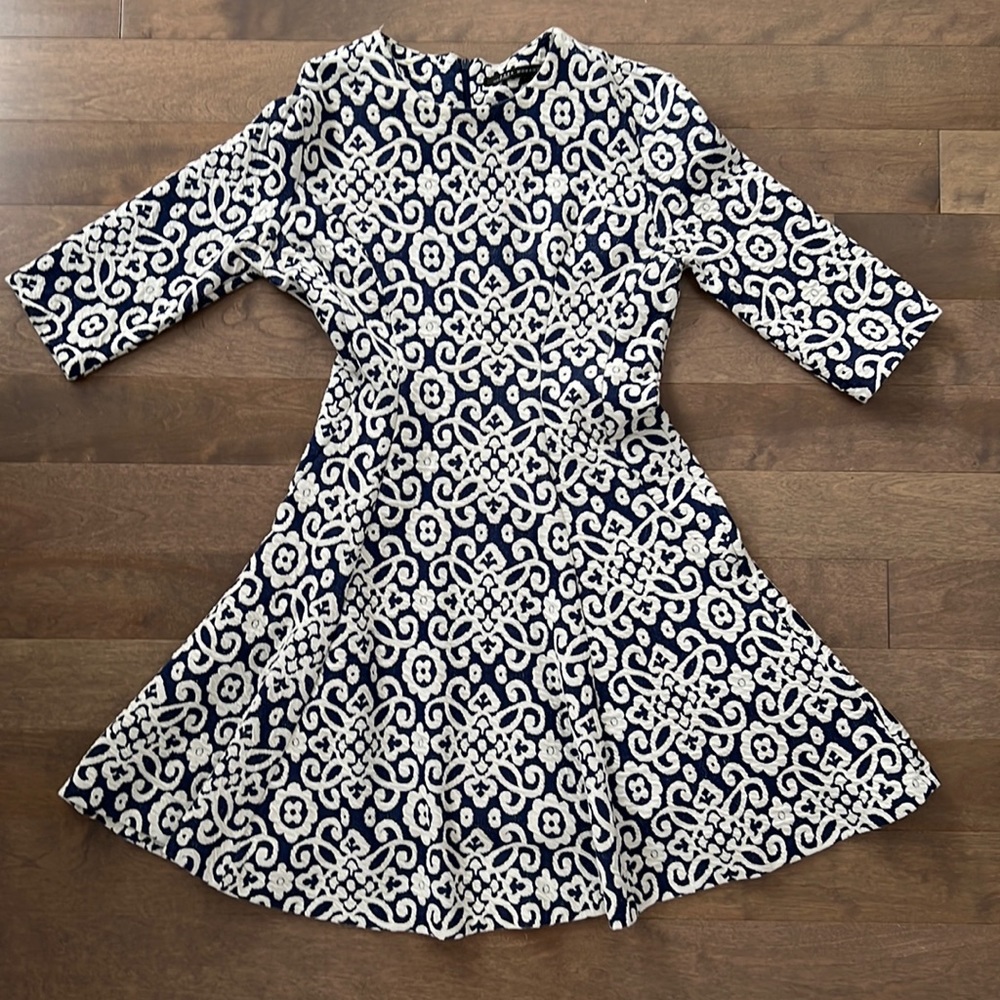 Navy and White Patterned Fit-and-Flare Dress